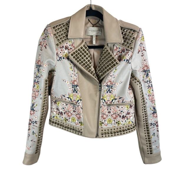 BCBGMAXAZRIA Runway Mannix Leather Floral Studded Jacket Gray Violet Combo Sz XS - Picture 1 of 9
